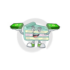 A cheerful vanilla slice cake mascot design with some money on hands