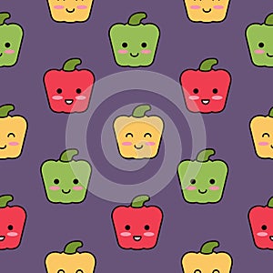 Cheerful vegetable food. Baby seamless pattern. Cartoon bell peppers smiling at children.