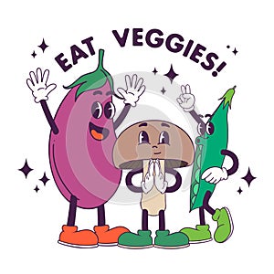 cheerful vegetable mascots with an appeal to add more vegetables to the diet