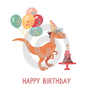 Cheerful Velociraptor with a birthday cake with a candle and balloons. Happy birthday card. Dino in heart-shaped photo