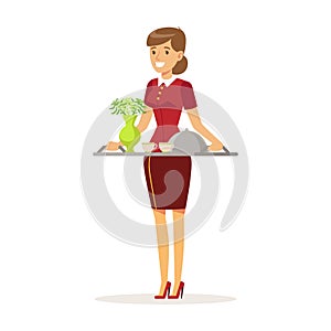 Cheerful waitress character wearing uniform holding breakfast order, , hotel service vector Illustration