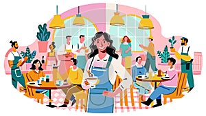 Cheerful Waitress Serving Coffee in a Bustling Cafe Illustration photo