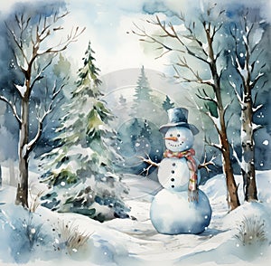 Cheerful Watercolor Snowman in Winter Woods