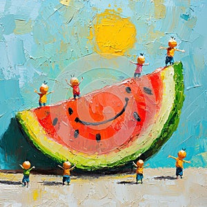 Cheerful watermelon illustration with tiny characters photo