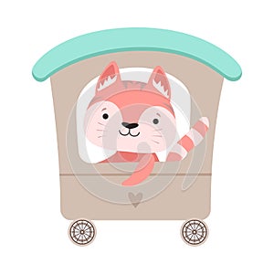 Cheerful Whiskered Cat Driving Toy Wheeled Carriage Vector Illustration