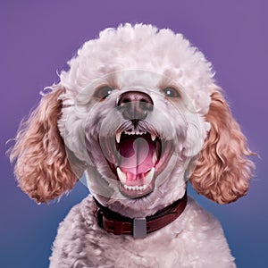 Cheerful White Poodle Dog In Vibrant Color Field Portrait