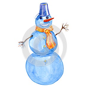Cheerful winter smiling snowman. watercolor illustration