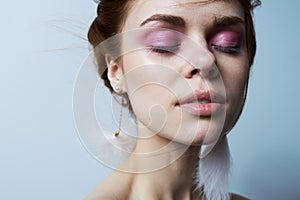 cheerful woman bright makeup naked shoulders Glamor model