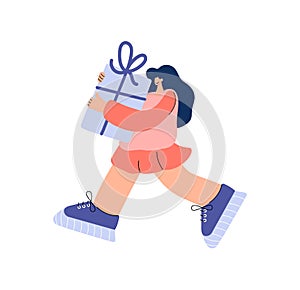 Cheerful woman carrying huge present box. Female character holding big birthday gift in festive packaging. Flat vector