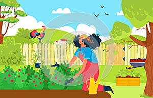 Cheerful woman character farmer work personal agriculture grow flower, country house outdoor household place flat vector