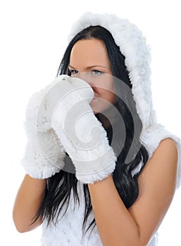 Cheerful woman clothing in warm hat.