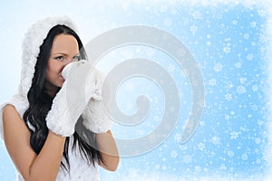 Cheerful woman clothing in warm hat.