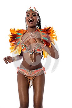 Cheerful woman dancing samba photo