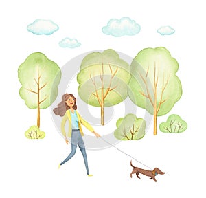 Cheerful woman with dog on the walk in the Park. watercolor painted. illustration