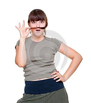 Cheerful woman doing moustache from her hair