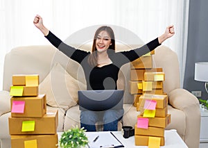 Cheerful woman entrepreneur working with laptop computer and success to selling product online at home, SME business