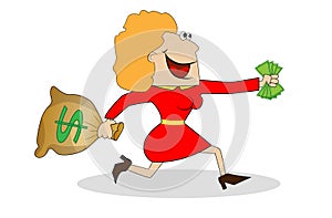 Cheerful woman flees with the money in hands