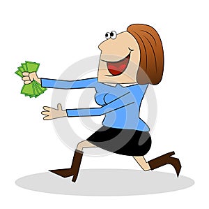 Cheerful woman flees with the money in hands