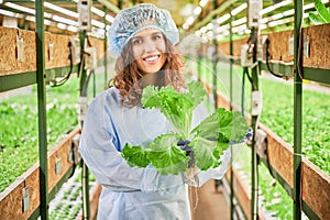 Cheerful woman with green leafy plant standing in greenhouse.