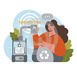 Cheerful woman guides composting process in urban setting. Flat vector illustration