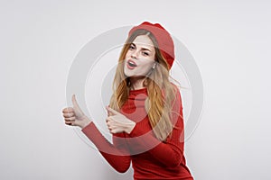 cheerful woman hand gesture fun Red lips luxury light background