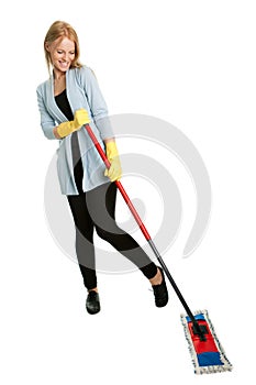 Cheerful woman having fun while cleaning