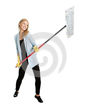 Cheerful woman having fun while cleaning