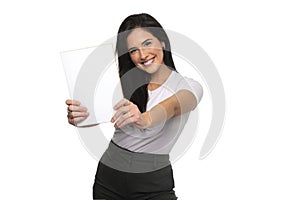 Cheerful woman holding a blank white paper, copy space