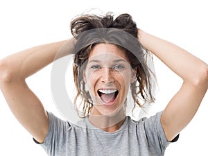 Cheerful woman with messy hair