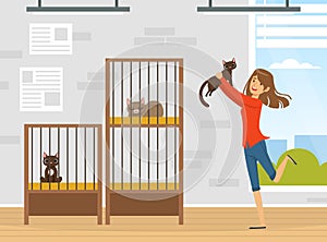 Cheerful Woman Pet Owner Adopting Cat from Boarding Cattery Vector Illustration