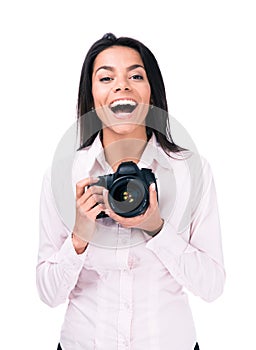 Cheerful woman photographer with camera