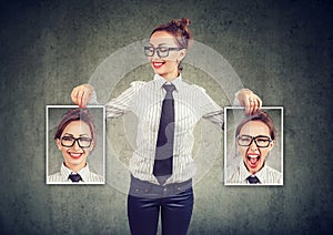 Cheerful woman showing different photos with emotions