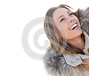 Cheerful woman smiling wearing winter coat
