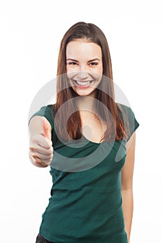 Cheerful woman with thumb up