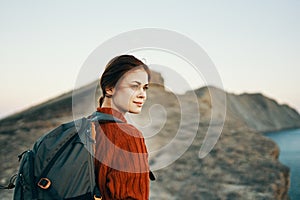 Cheerful woman tourist landscape mountains vacation fresh air