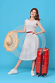 cheerful woman Tourist red suitcase passenger airport flight documents