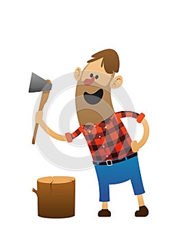 Cheerful woodsman with an ax and a log