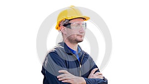 Cheerful worker man in hard hat arms crossed with clipping path on white background
