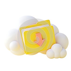 Yellow folder download icon on cloud 3D render white background