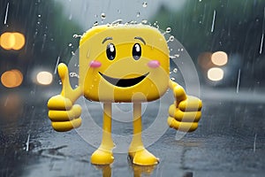 a cheerful yellow smiley face mascot with legs and arms up giving thumbs up, standing in the rain on a wet street