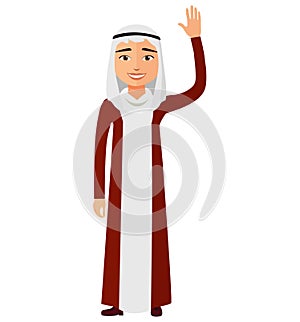 Cheerful young arab business man waving her hand vector flat car