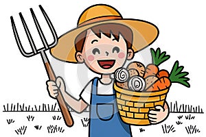 Happy Farmer Boy Harvesting Fresh Vegetables and Mushrooms photo