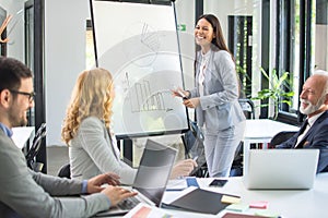 Cheerful young businesswoman giving presentation using flipchart to her business partners in boardroom office