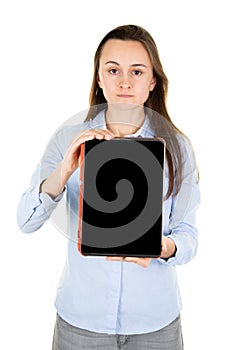 Cheerful young caucasian woman with copy space blank screen on her digital tablet