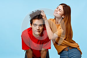 cheerful young couple cropped view communication emotions modern styles