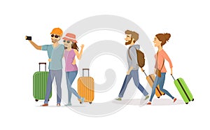 Cheerful young couple , man and woman traveling with suitcases