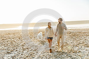 Cheerful young couple walking at the beach