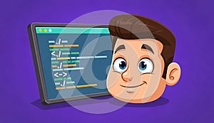 Young programmer coding on laptop computer.