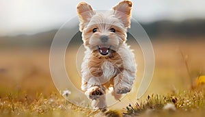 Cheerful young dog running on lush green grass, a playful pet delighting in outdoor playtime