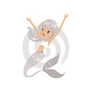 Cheerful young girl with fish tail and shiny gray hair. Mermaid character swimming in underwater world. Marine life